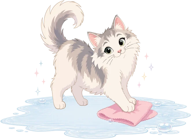 Kitty's mascot, a fluffy cat wiping up a puddle with a pink cloth
